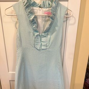 Lilly Pulitzer Adeline Dress White Seersucker Ruffle Neck, Teal, Size 0,